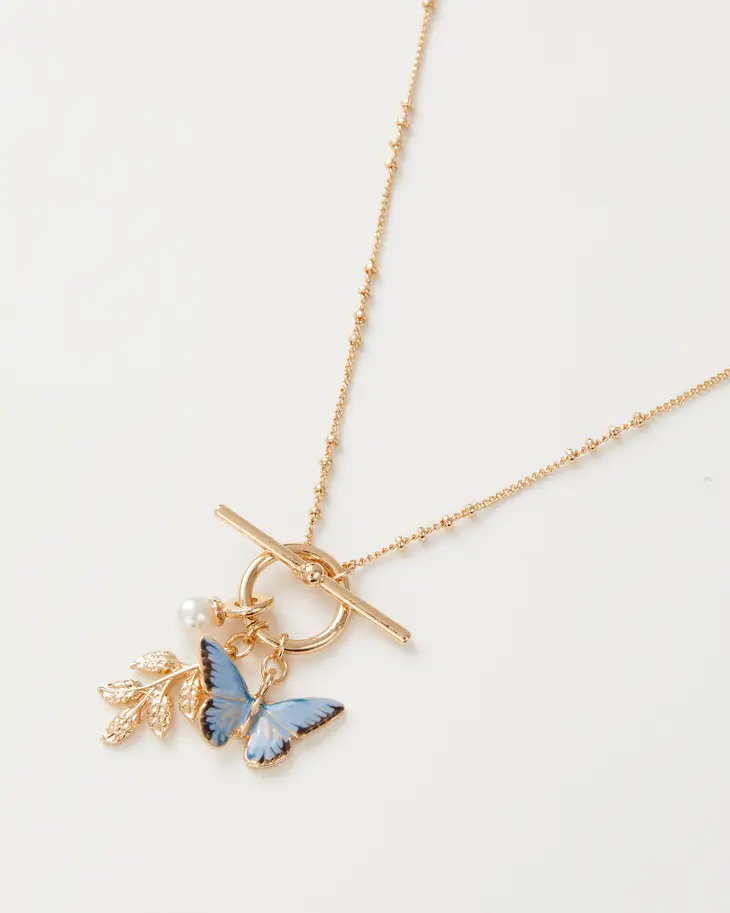 Enamel Blue Butterfly & Leaf Charm Necklace